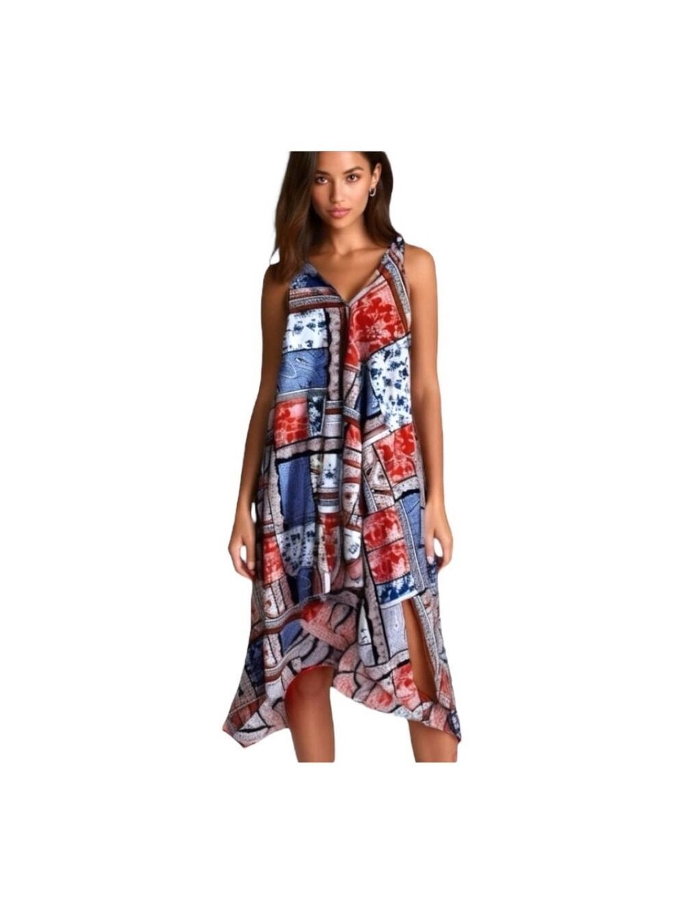SLNY Bandana-Print Handkerchief-Hem Dress Sleeveless V Neck MIDI Dress